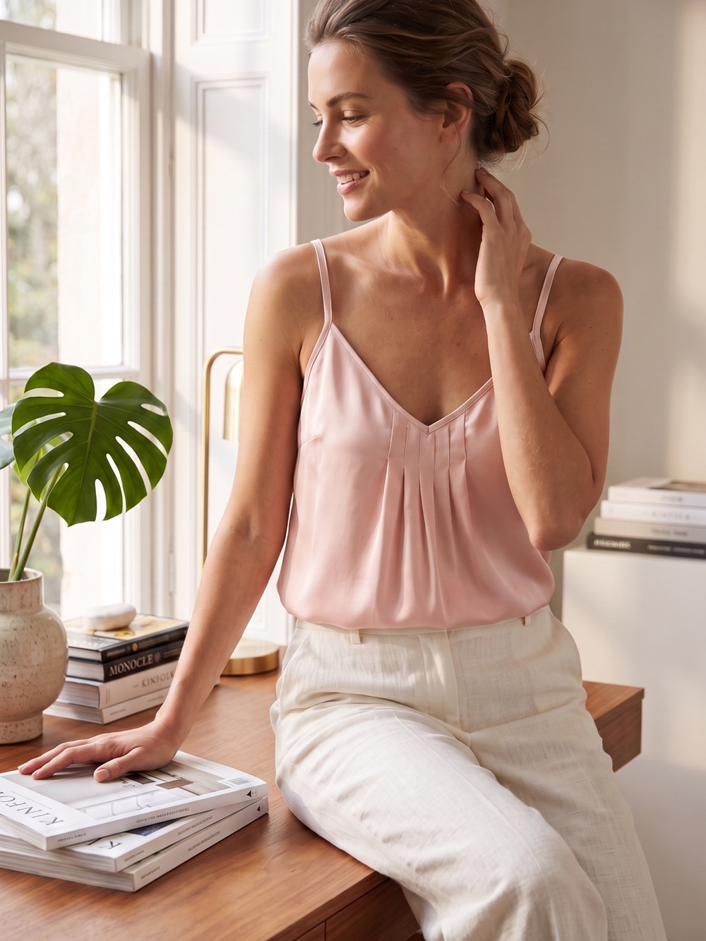 Talula Pleated V‑Neck Satin Cami in Blush